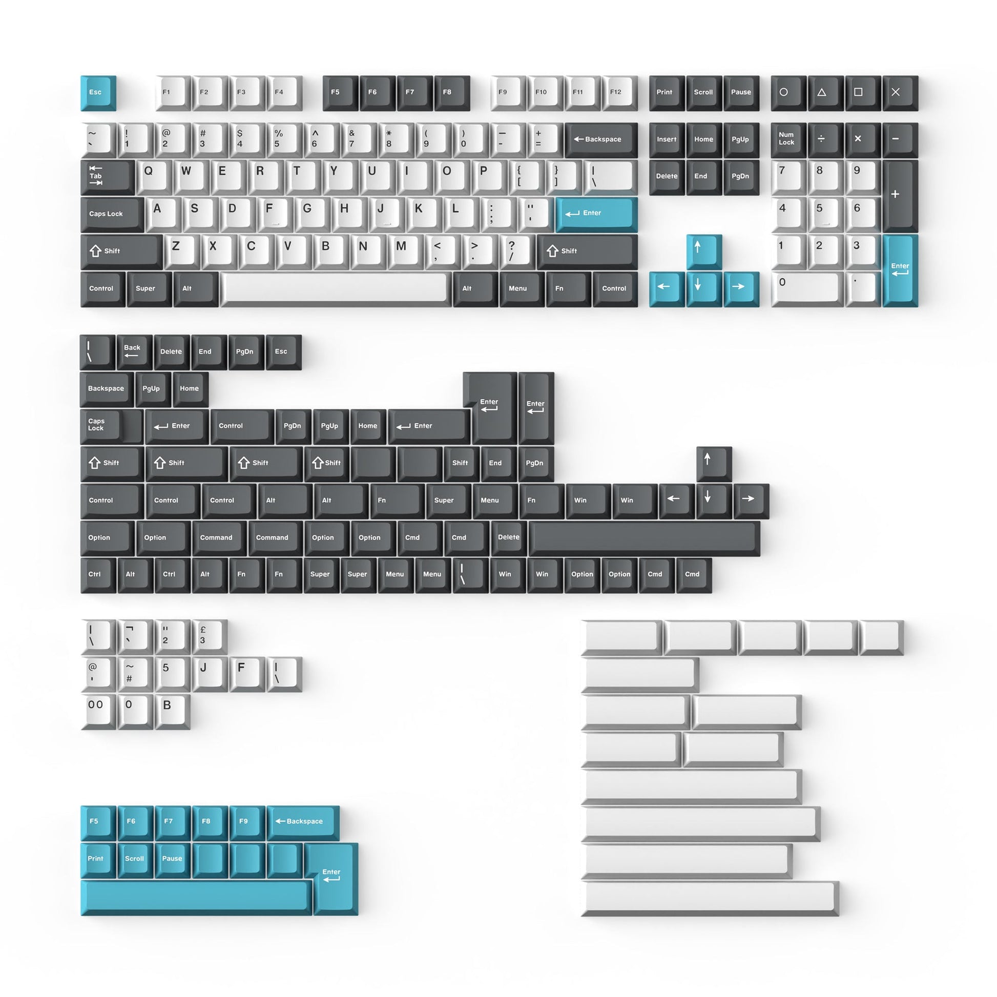 Cherry Profile Double - Shot PBT Full Set Keycaps - Grey, White, and Blue